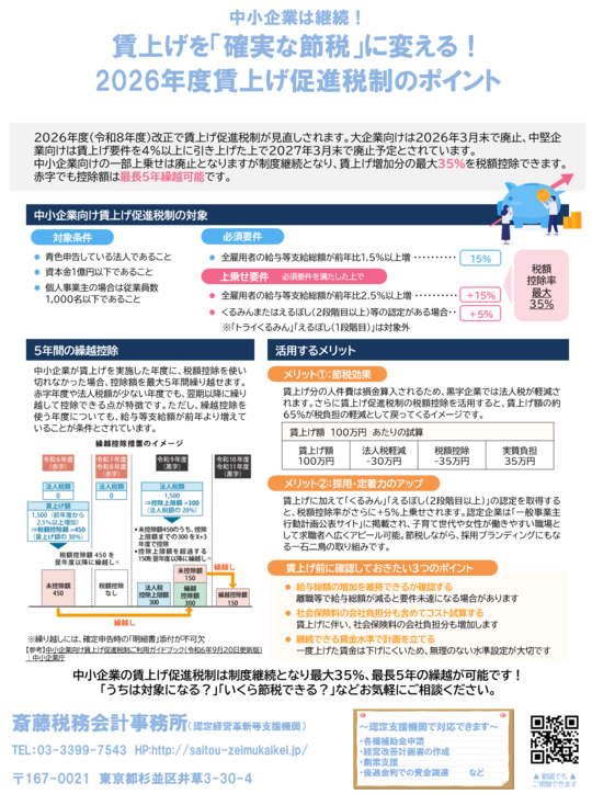 2026年度賃上げ促進税制ポイント - 斎藤税務会計事務所